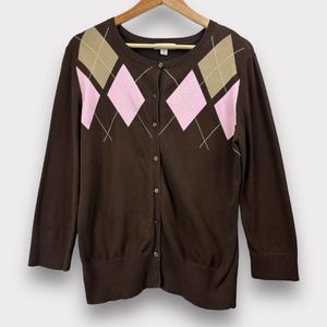 Cherokee Cardigan Argyle Button Down Brown Pink XL